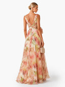 Elegant Abstract Print V-Neck Tie-Waist Maxi Dress