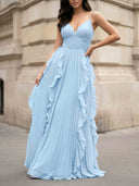 Elegant Spaghetti-Strap Ruffled Pleated Chiffon Maxi Dress
