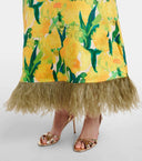 Lemon Blossom Print Feather Hem Midi Dress