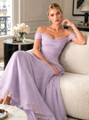 Elegant Peplum Pleated Chiffon Off The Shoulder Sleeveless A-Line Midi Dress