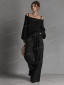 Open Knit Sweater & Wide Leg Pants Set