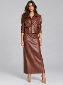 Faux Leather Belted Jacket & Maxi Skirt Two Piece Set