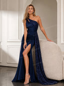 Elegant One-Shoulder Sequin Slit Evening Maxi Dress