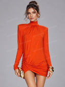 Ruched High Neck Long Sleeve Mini Dress