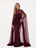 Elegant Feather Trim Chiffon Shawl Black Satin Maxi Dress