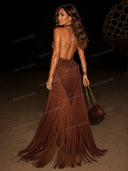 Sexy Crochet Halter Neck Fringe Maxi Dress
