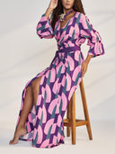 Elegant Geometric Print Wrap Maxi Dress