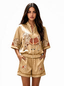 Exquisite Satin Horse Print Zip-Up Shirt & Shorts Set