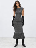 Structured Knit Top & Fringe Midi Skirt Two Piece Set
