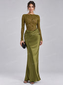 Elegant Lace Long Sleeve Ruched Waist Maxi Dress
