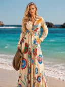 Retro Colorful Floral Print Tie-Front Shirt & Maxi Skirt Two-Piece Set