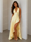 Elegant V-Neck Ruffle High-Low Maxi Dress