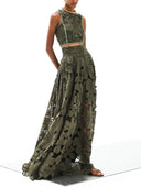 Elegant Floral Lace Cutout Crop Top & Skirt Two-Piece Set