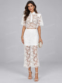 Elegant Lace Shirt Top & Midi Skirt Two Piece Set