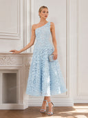 Elegant One Shoulder 3D Butterfly Veil Midi Dress