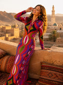 Unique Retro Abstract Print Shirt Collar Maxi Dress