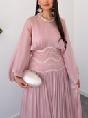 Elegant Pleated Waist Long Sleeve Satin Maxi Dress