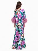 Elegant Floral Print Feather Cuff Satin Maxi Dress