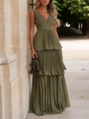 Tiered Pleated Chiffon Maxi Dress