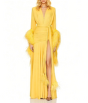 Elegant V-Neck Feather Cuff Flowing Chiffon Maxi Dress