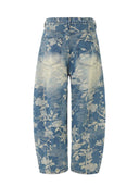 Floral Print Washed Denim Barrel Leg Jeans