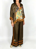 Elegant Horse Print Satin Kimono Top & Pants Two-Piece Set