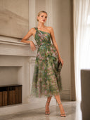 Elegant Floral Print One-Shoulder Chiffon Ruffle Midi Cocktail Dress