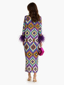 Elegant Geometric Print Feather Cuff Satin Maxi Dress