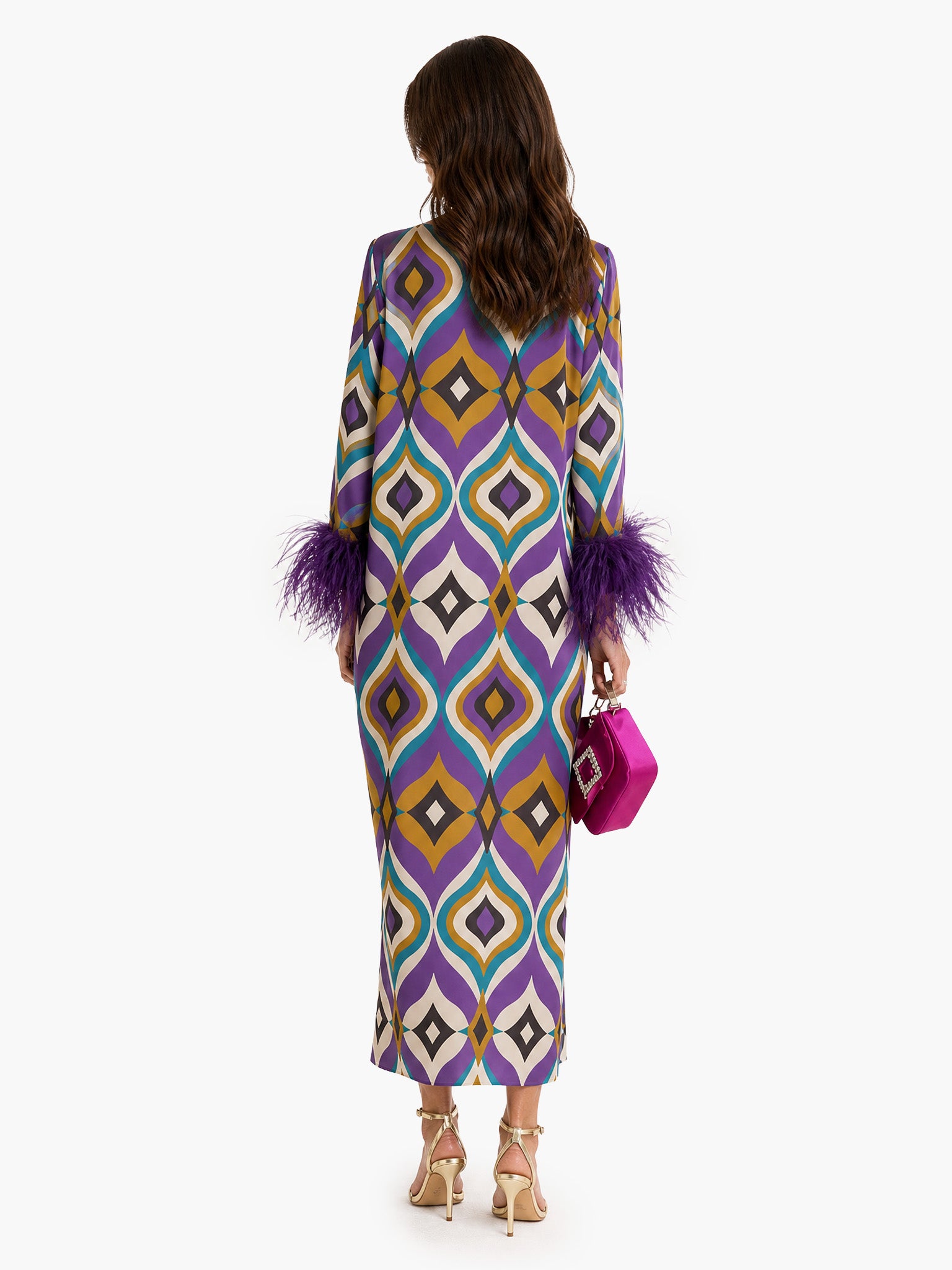 Elegant Geometric Print Feather Cuff Satin Maxi Dress