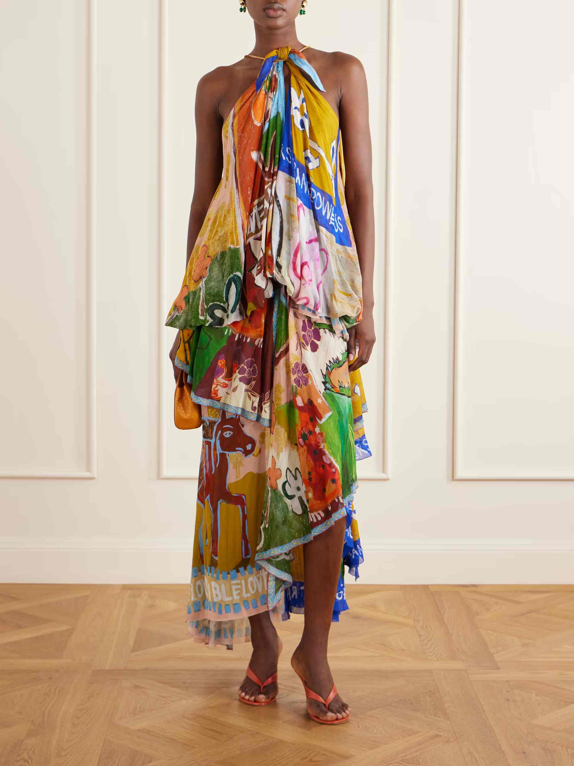 Unique Art Print Backless Maxi Dress