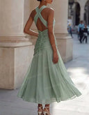 Elegant Halter Neck Ruched Flowing Party Midi Dress