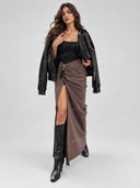 Minimalist Square Neck Bodysuit and Draped Slit Skirt Set