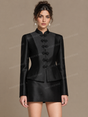 Elegant Mandarin Collar Frog Button Jacket & Mini Skirt Set