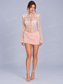 Elegant Lace Faux Fur Long Sleeve Mini Dress
