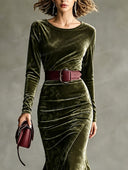 Elegant Velvet Ruched Long Sleeve High-Low Maxi Dress