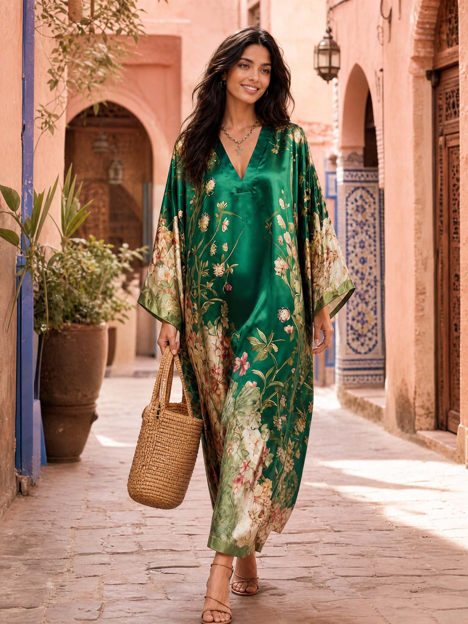 Elegant Floral Print Batwing Sleeve Maxi Dress