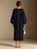Contrast Stitch Button Front Balloon Sleeve Midi Dress