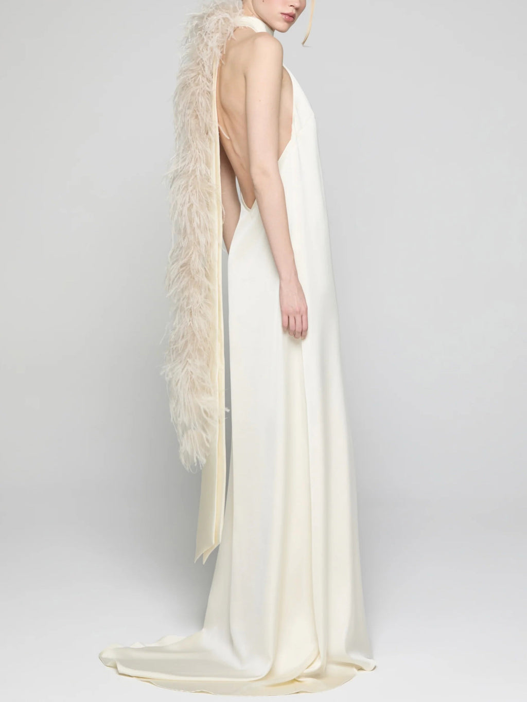 Elegant Satin Halter Feather-Trim Maxi Dress