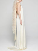 Elegant Satin Halter Feather-Trim Maxi Dress