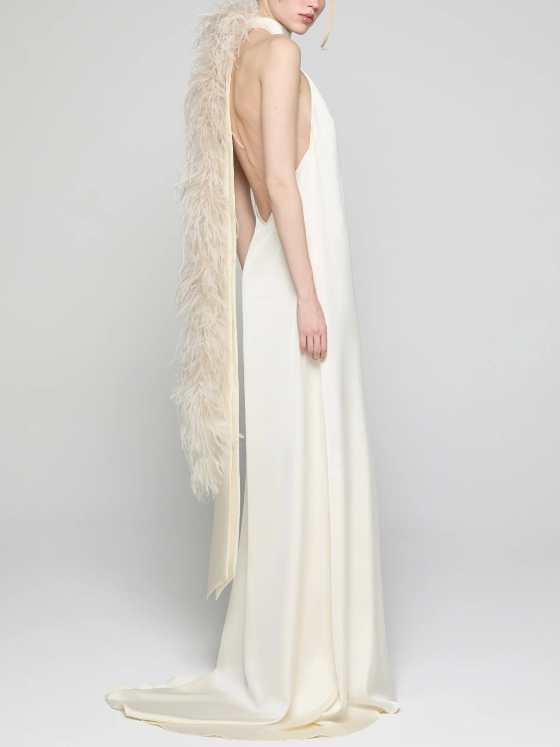 Elegant Satin Halter Feather-Trim Maxi Dress