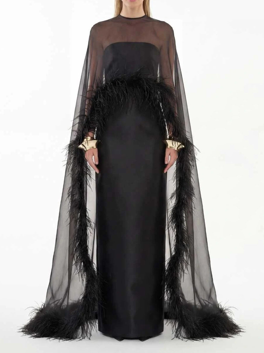 Elegant Feather Trim Chiffon Shawl Black Satin Maxi Dress