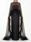 Elegant Feather Trim Chiffon Shawl Black Satin Maxi Dress