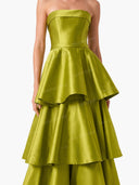 Elegant Strapless Tiered Ruffle Satin Maxi Dress