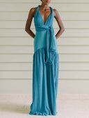 Elegant Backless Deep V-Neck Ruched Maxi Dress