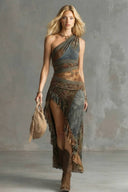 Off-Shoulder Printed Slit Dress