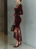 Elegant High-neck Velvet Lace Maxi Dress