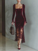 Elegant High-neck Velvet Lace Maxi Dress