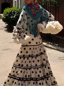 Exquisite Polka Dot Print Ruffle-Trim Flare-Sleeve A-Line Maxi Dress