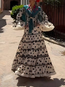 Exquisite Polka Dot Print Ruffle-Trim Flare-Sleeve A-Line Maxi Dress