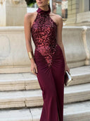 Elegant Halter Neck Sequined Maxi Dress